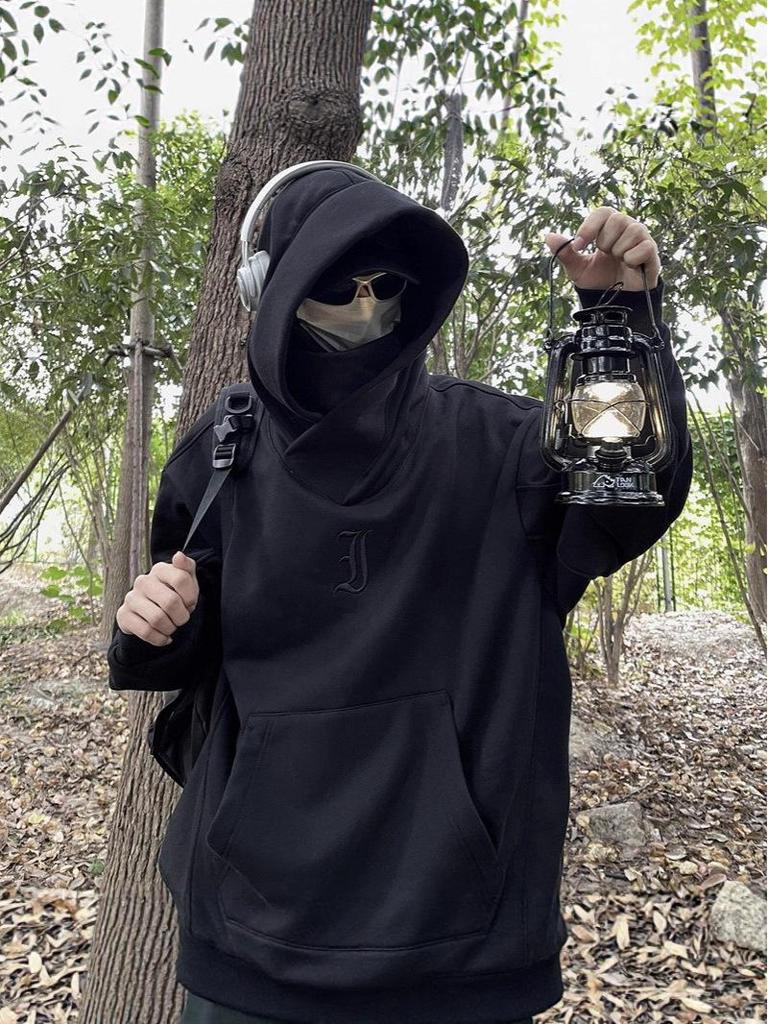 Men's High-Neck Embroidered Hoodie: Socially Anxious Ninja Style for Autumn/Winter