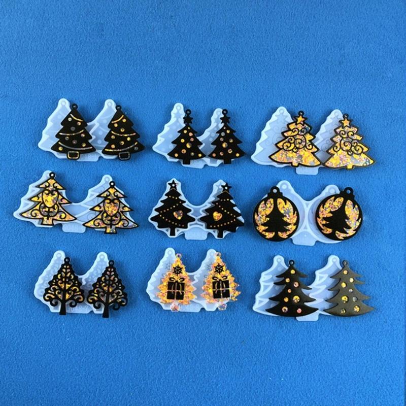 9 Pcs Diy Christmas Tree Assembled Earrings Mold Crystal Epoxy Diy Decorative Pendants Jewelry Resin Mold for Crafts