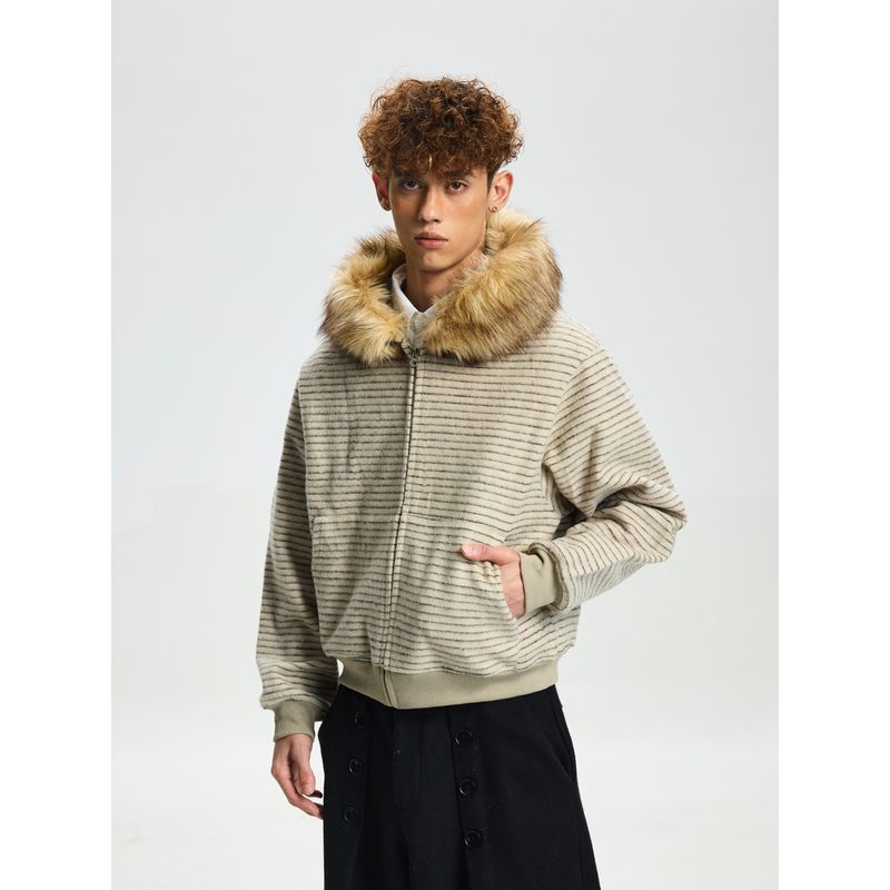 Cabbage Coke American Retro Knit Sweater with Fur Collar Jacket for Men and Women, High-End Casual Niche Striped Sweatshirt for Couples