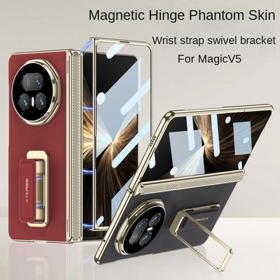 Adjustable Wristband Holder Plated Gold Frame Leather Hinge Case for Honor Magic V5 with Glass Film Lens Protect Cover