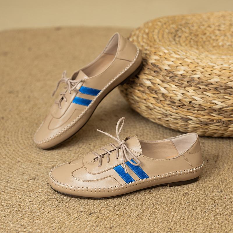 Mode Damen neue Leder Rindsleder runde Zehe Frühling und Herbst niedriger Absatz Übergröße Schnürschuh bequem lässig Sport Einzelschuh