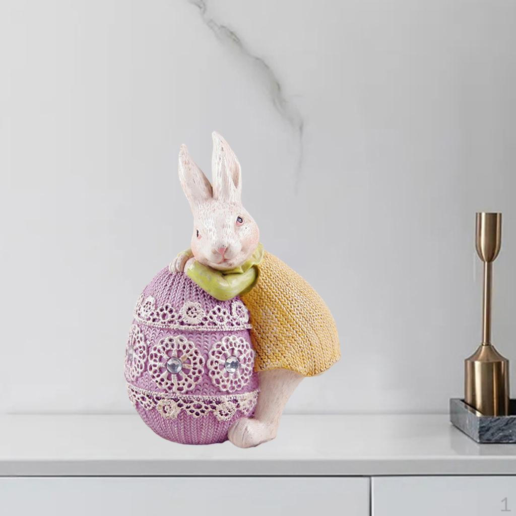 

Cute Easter Bunny Statue with Egg Sculpture Resin Figurine Crafts Home Table Pink Egg
