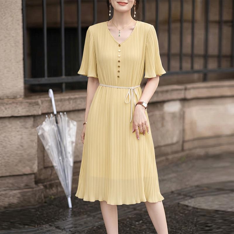 ZANZEA Women Casual V-Neck Half Sleeve Summer Loose Pleated Dress M абрикосовый