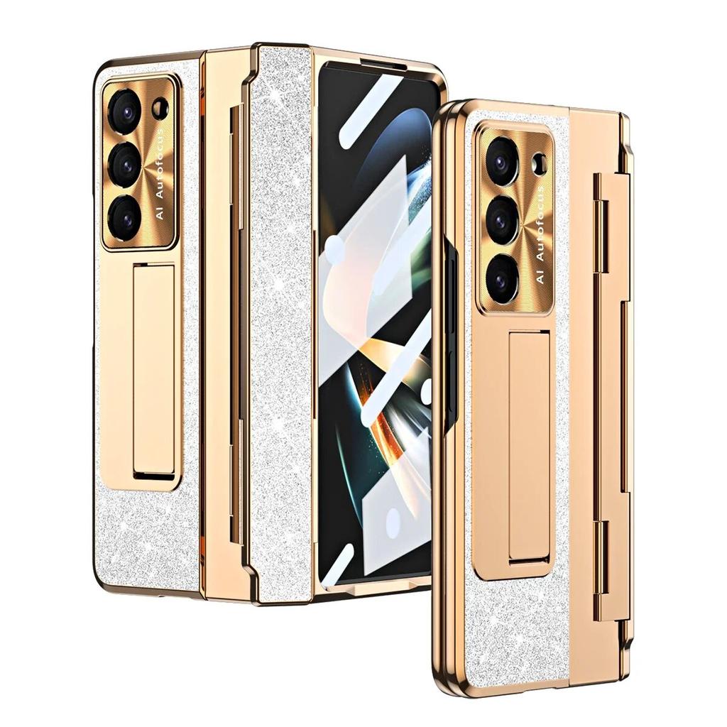 Luxury Plating Leather Bracket Hinge Protection Case for Samsung Galaxy Z Fold 5 4 3 Case with Screen Protector Cover