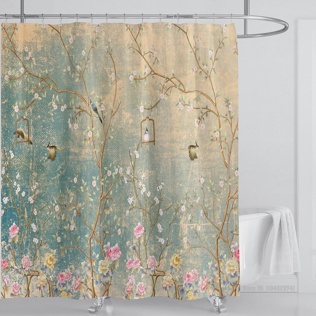 Chinese Style Flower and Birds Tree Shower Curtains Crane Pattern Bath Curtain Waterproof Bathroom Decor With Hooks 3d Printing