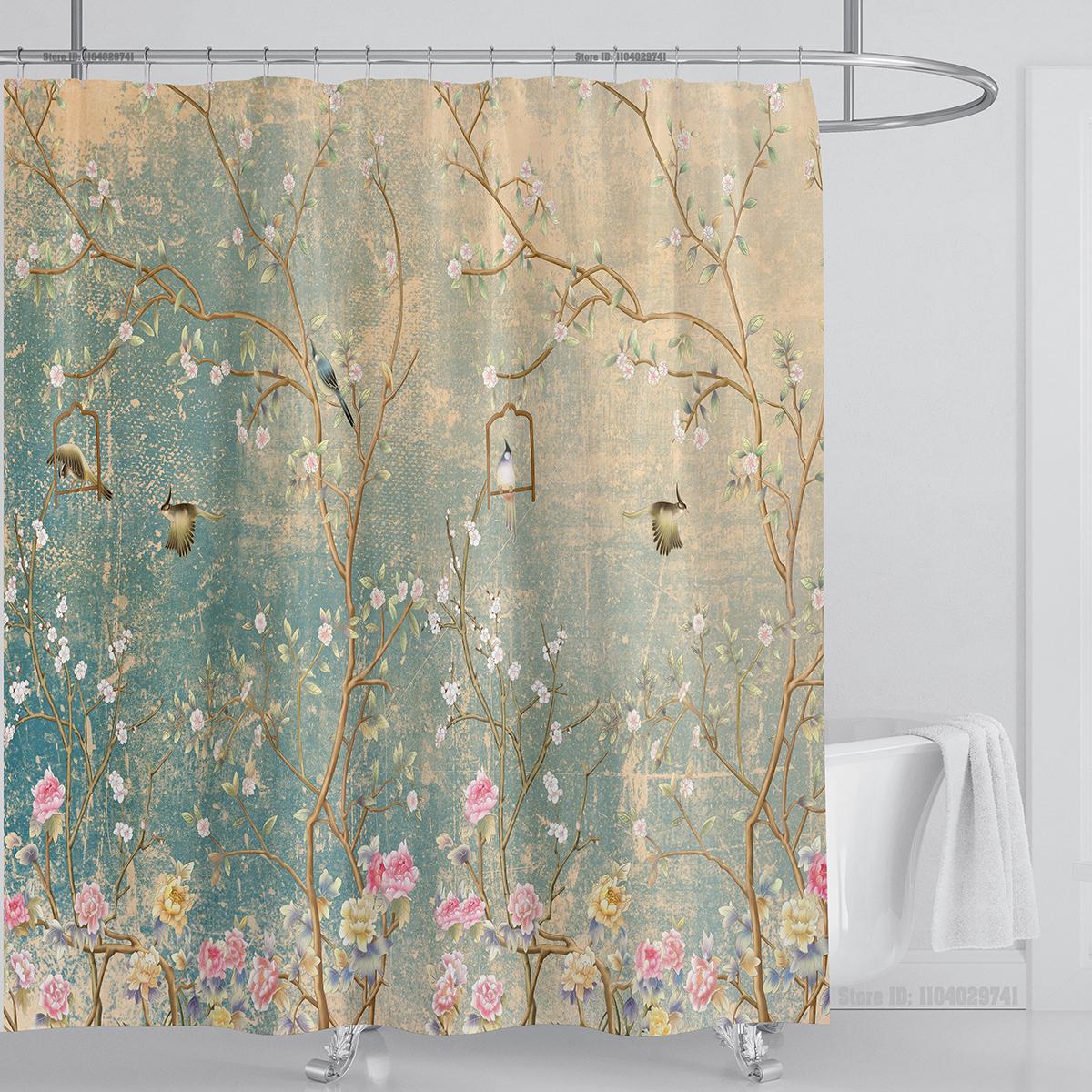 Duschvorhänge im chinesischen Stil mit Blumen- und Vogelbaum-Motiv, Kranmuster, Badvorhang, wasserdicht, Badezimmerdekor mit Haken, 3D-Druck W90xH180cm