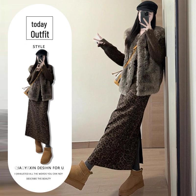 

Women s Retro Leopard Print Fur Collar Jacket & Skirt Set - Autumn/Winter 2025 High-End Slimming Elegant Three-Piece Outfit 2XL (Approx 63-70kg)