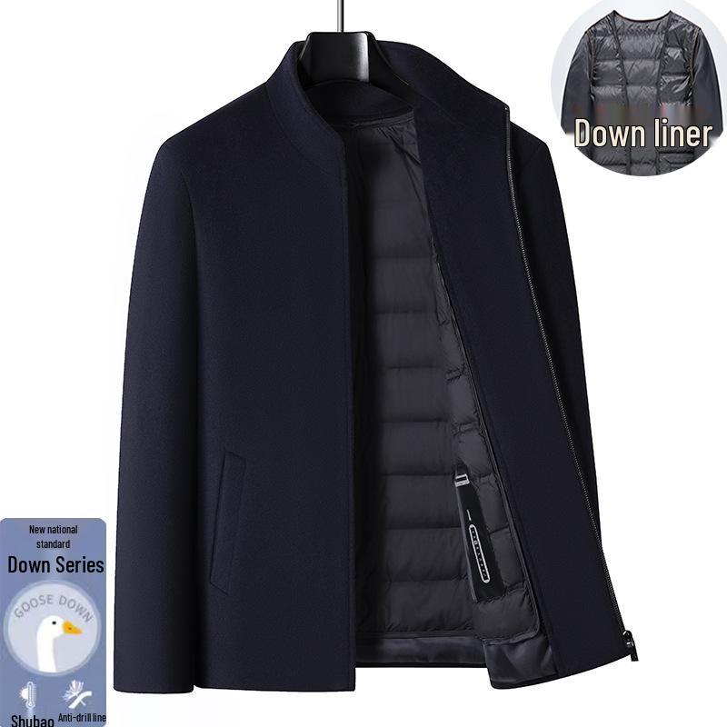 

Middle-Aged Men s Stand Collar Wool Coat with Detachable Down Liner for Winter L темно-синього кольору
