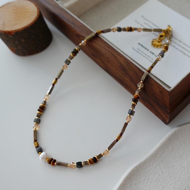 Natural Freshwater Pearl & Tiger Eye Bohemian Necklace - Autumn/Winter French Retro Clavicle Chain for Women