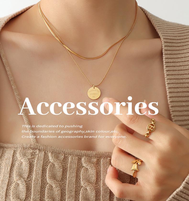 Versatile European American Temperament Hoodie Necklace: English Letter Pendant Double-Layer Gold-Plated Titanium Steel Chain.