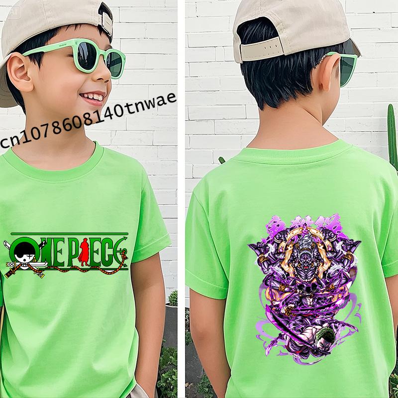 One Piece Roronoa Zoro Anime Kleidung Kinder T-Shirt Baumwolle Kurzarm Grün Cartoon Oberteil für Jungen