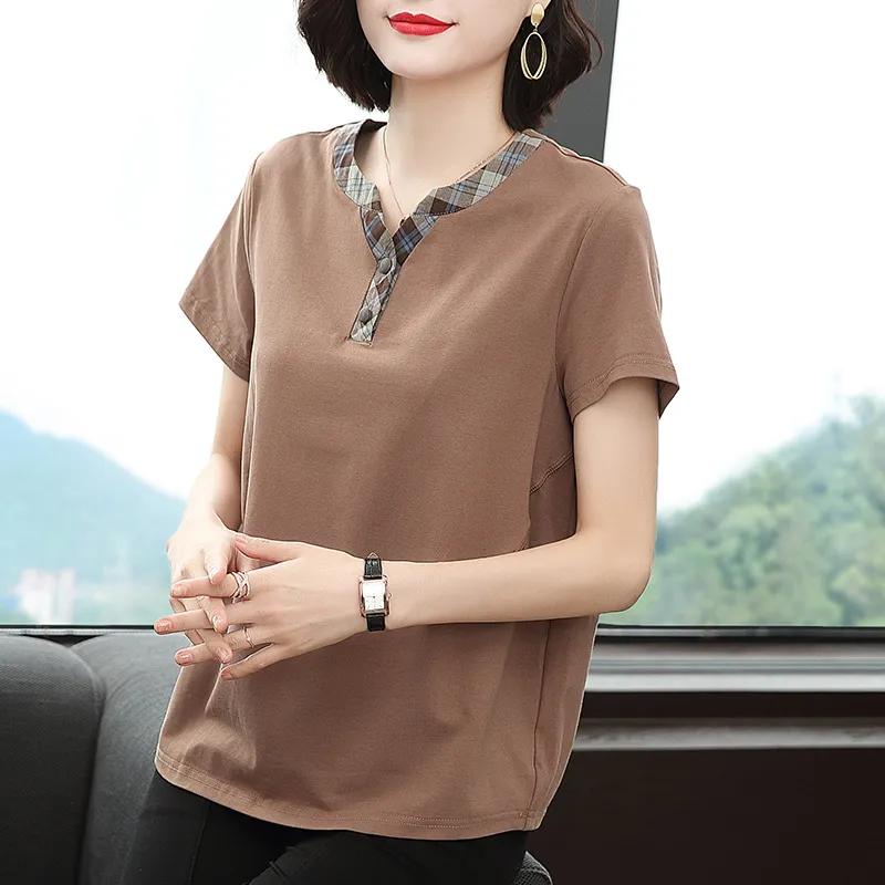 

Women s T-shirt Short-sleeved Printed Noble Middle-aged Elderly Mother s Pure Cotton V-neck Top M кофейный