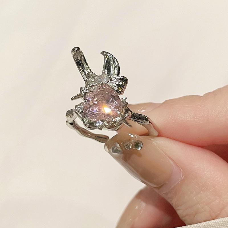 Rabbit Bow Pink Zircon Stacked Open Ring Niche Design High Sense Cold Wind Ring Woman