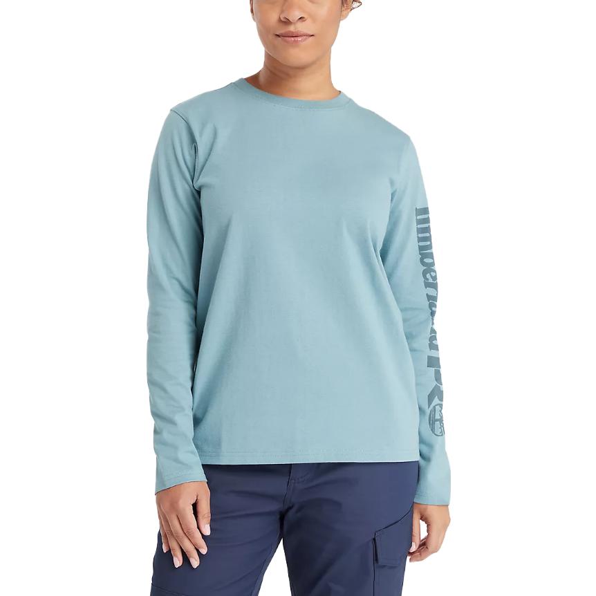 Timberland Loose Fit Crew Neck Letter Print Long Sleeve T-Shirt Women tops Blue A6D8J-DR5