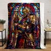 Stained glass knight in ornate armor holding a sword, vibrant background. for all seasons blanket lunch break throw gift