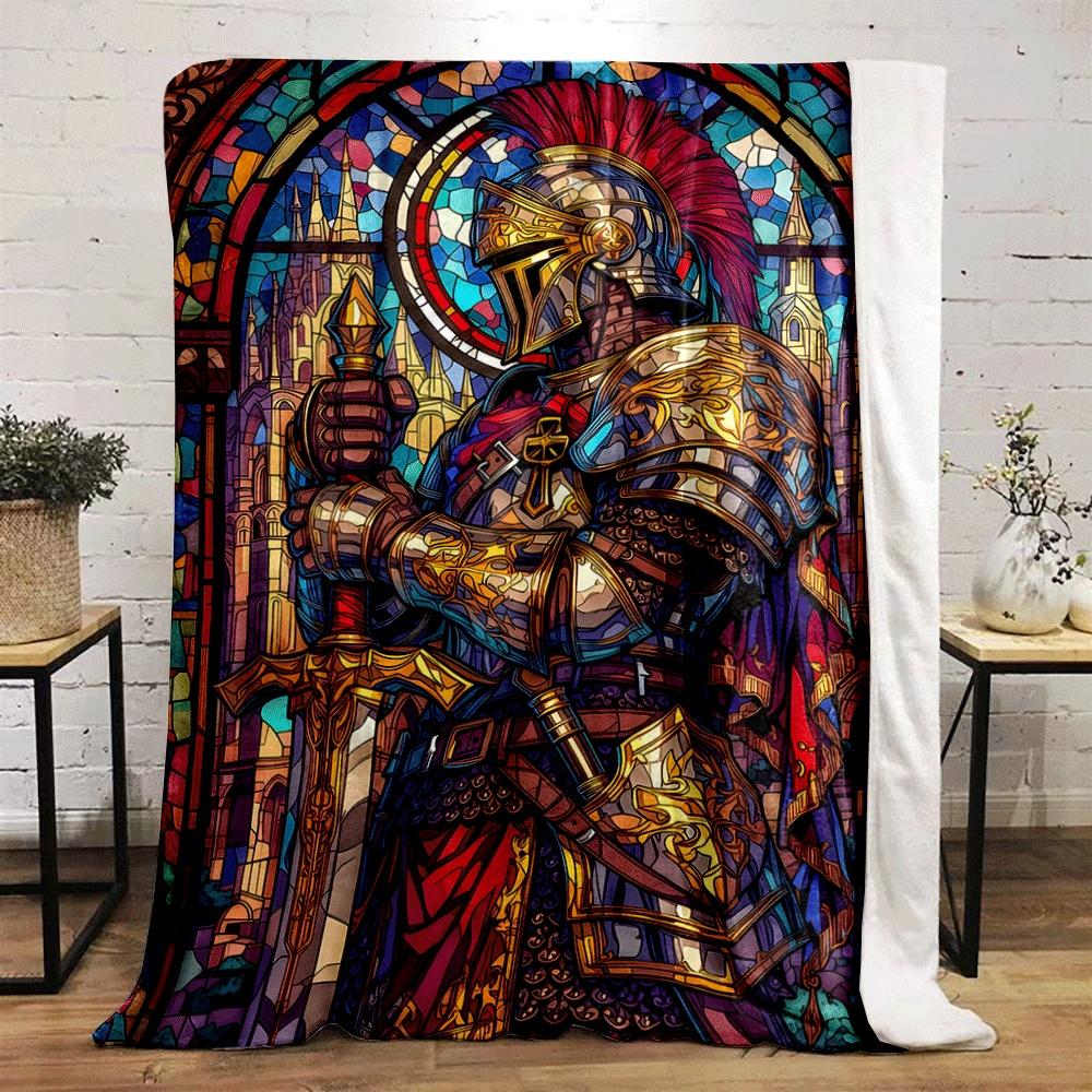 Stained glass knight in ornate armor holding a sword, vibrant background. for all seasons blanket lunch break throw gift