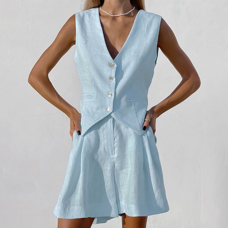 

Fashion Stylish Suit Vest Suit Women s Clothing Summer Casual Sleeveless Tank Top Shorts Two-piece Set Blue S
