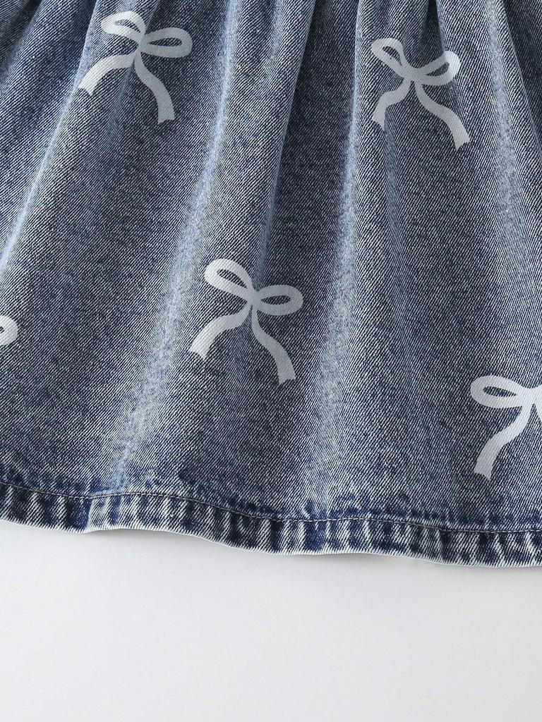 Single-piece Girls' Casual Everyday Cute Simple Versatile Denim Dress with Large Lapel Bow Embroidery, Sleeveless Peter Pan Collar