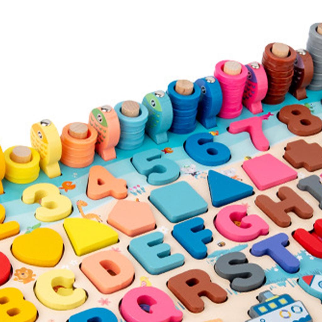 Wooden Alphabet Number Shape Puzzles Educational Traffic Theme Bright Color Fishing Game Puzzle