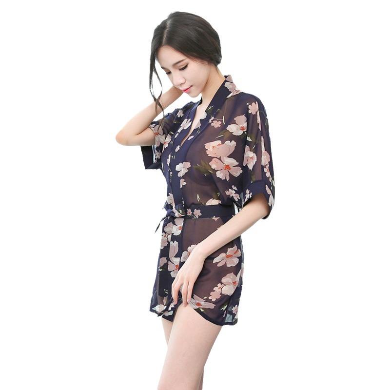 Erotic Lingerie Sexy Seduction Chiffon Bathrobe Set Kimono See-through Print Princess Anchor Costume