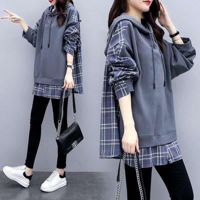 Women's Hooded Fake Two-Piece Sweatshirt Loose Plaid Patchwork Midi Tunic Top Plus Size Elegant Commuter Fall Blouse