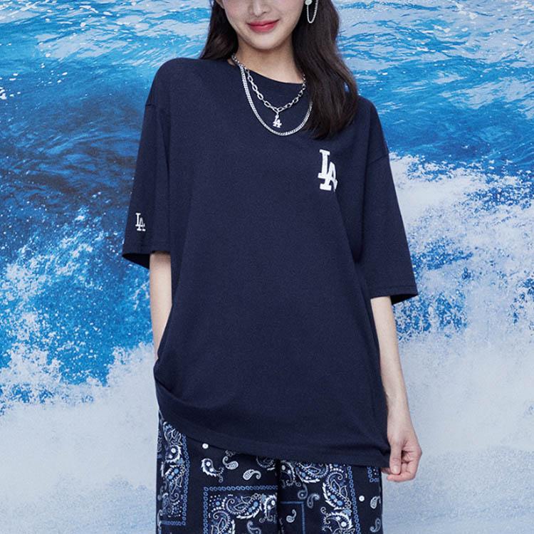 MLB Basic Logo Cashew Flower Series Printed Loose Casual Fashion Round Neck Short Sleeve T-Shirt Unisex Tops Navy-Blue 31TSHP131-07N