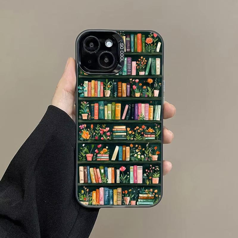

Art Bookshelf And Small Flowers Phone Case For iPhone 17 Pro Max 16 15 Pro 14 13 Mini 12 11 XR XS 17Air Plus Hard Matte Cover iPhone XS Max