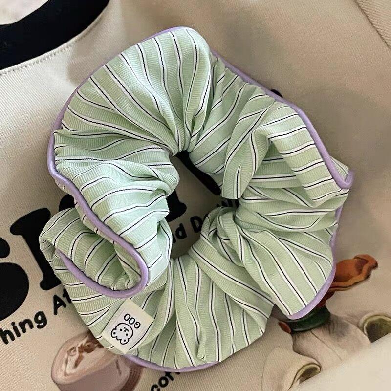 1pc Cream Contrast Large Intestine Hair Ring INS Style High-Quality Striped Teddy Bear Cute Hairband Versatile Headpiece