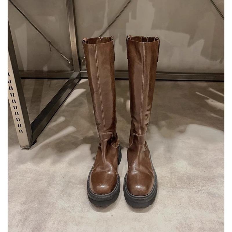 Horse leather leather thick-soled but knee knight boots women's round head slim boots rear zipper boots