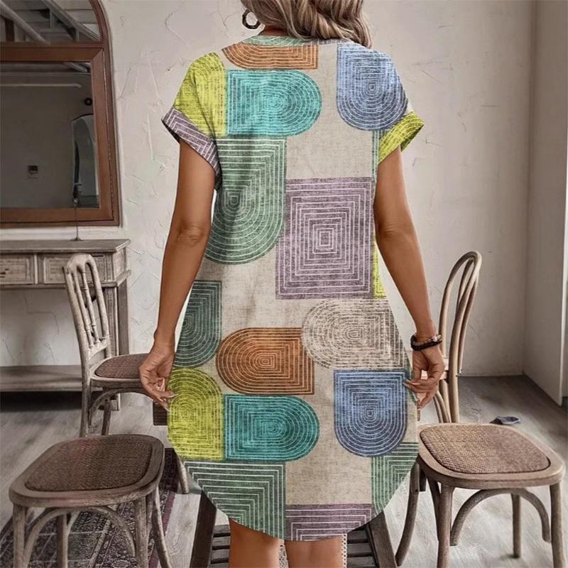 European and American Women's Clothing Foreign Trade Amazon Summer Geometric Printing Elegant V-neck Button Up Dress