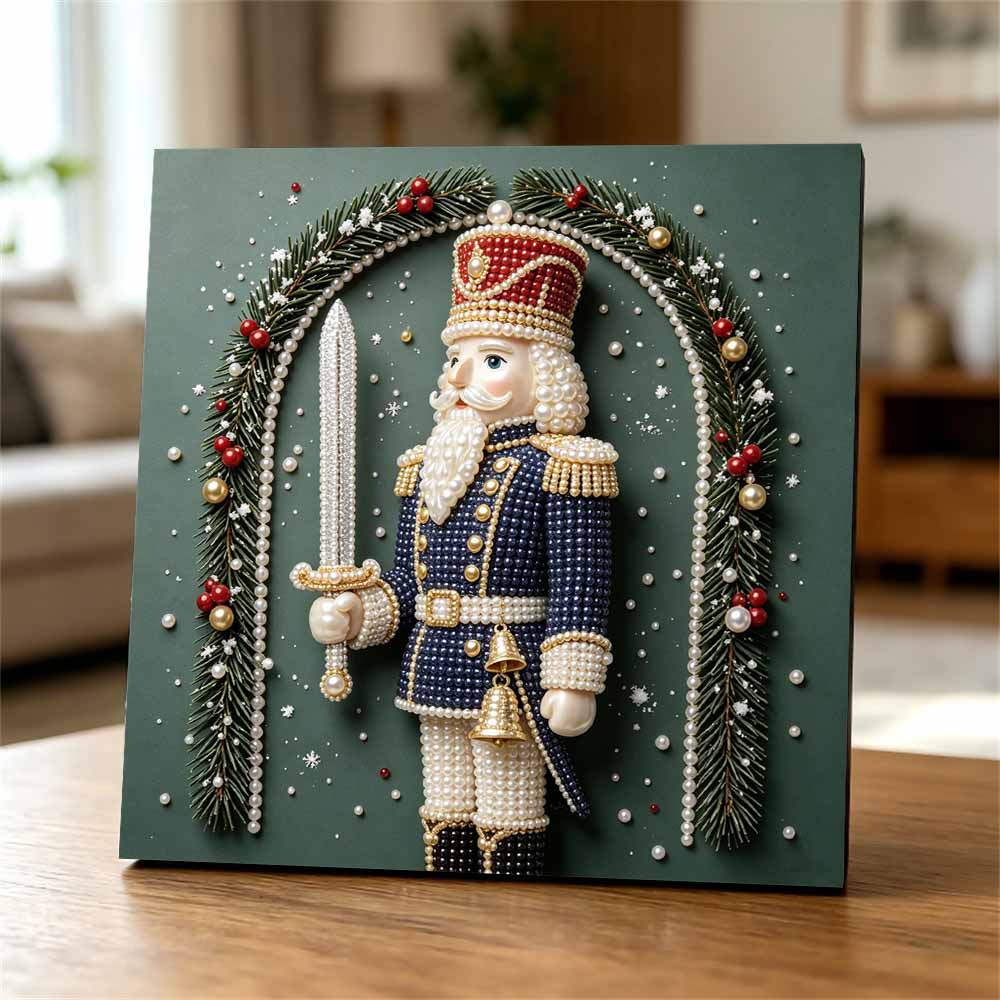 Handmade Framed Pearl Painting Set with Christmas Nutcracker Soldier Design 5D Shiny Bead Art Canvas Creative Craft for Room Decor