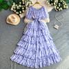 Holiday romantic style print one-word shoulder bubble sleeve dress female waist cake dress thin temperament fairy long dress