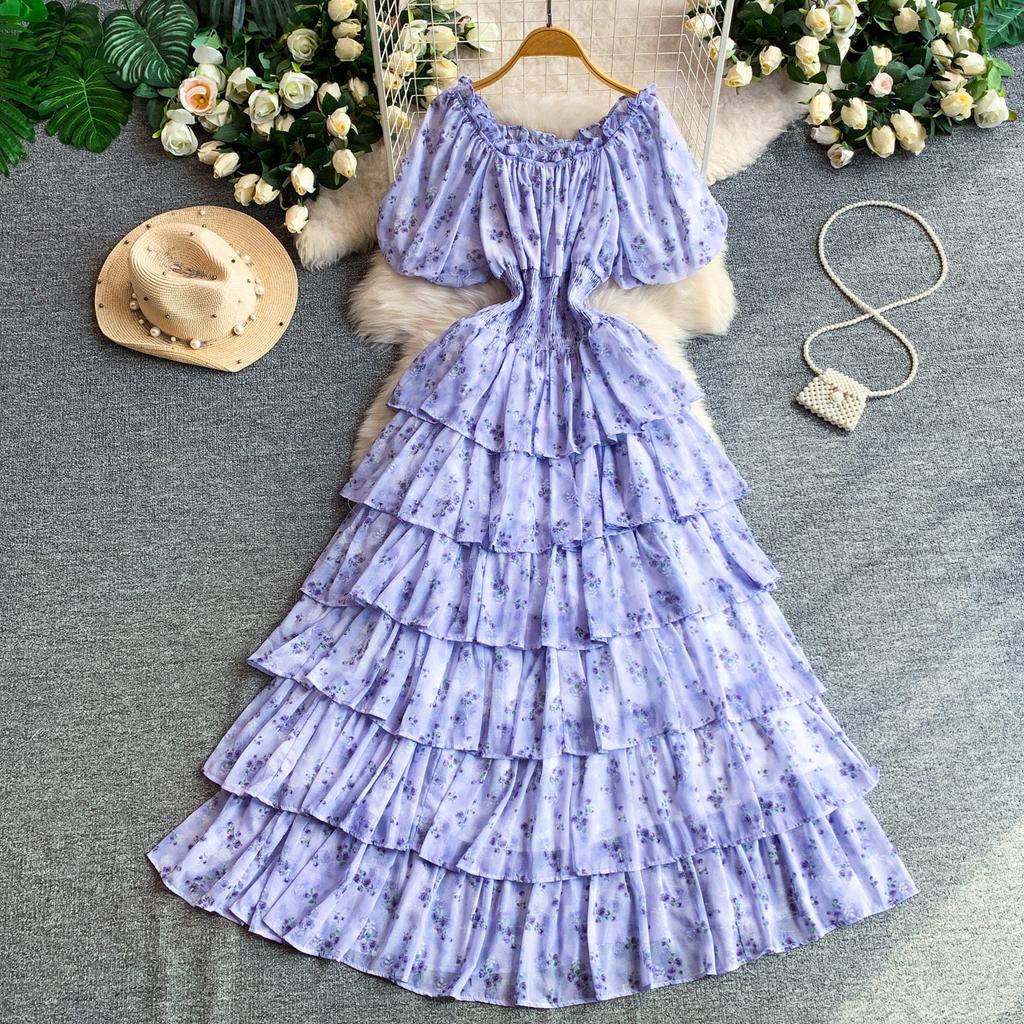 Holiday romantic style print one-word shoulder bubble sleeve dress female waist cake dress thin temperament fairy long dress
