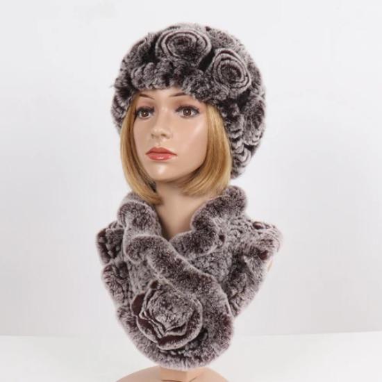 Нові Жіночі Зимові Хутряні Шапки Шарфи Набори Натуральні Теплі Справжні Шапки з Хутра Кролика Рекс Шарфи Леді В'язані Шапки з Натурального Хутра Шарф