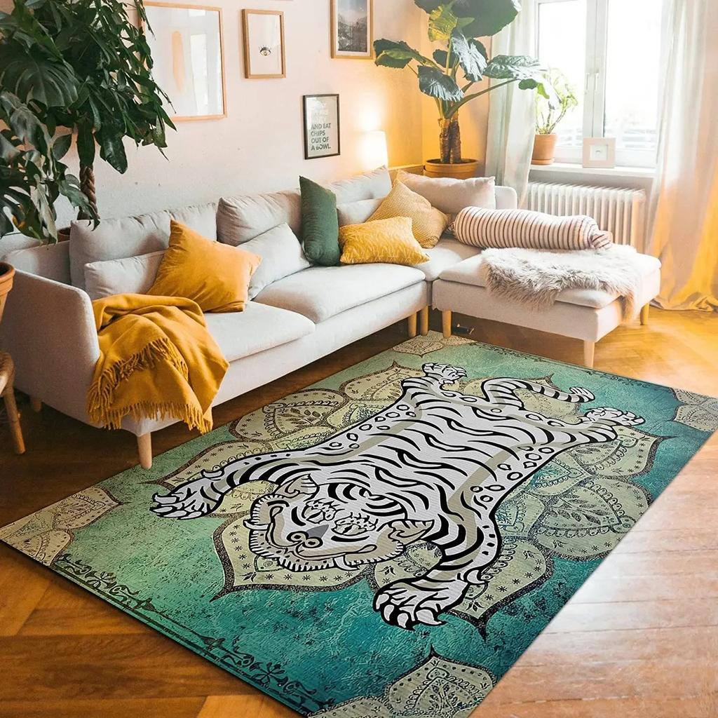 Vintage Tiger Themed Rug Various Artistic Tiger Designs with Floral Borders Soft Non Slip Carpet for Living Room Bedroom Decor
