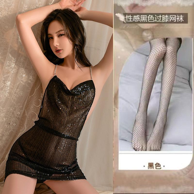 Deep V breast suspender nightdress hot sexy flash nightdress uniform suit halter cos hip skirt