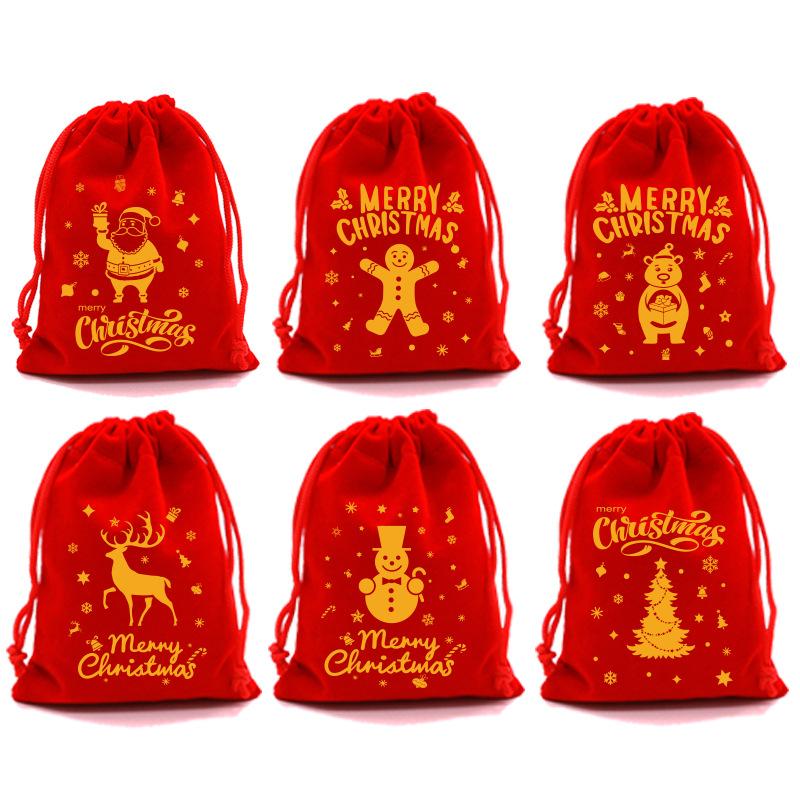 5Pcs Merry Christmas Velvet Bags Green/Red/Blue Drawstring Pouch Candy Gift Bag Jewelry Packaging Bags Xmas New Year Supplies