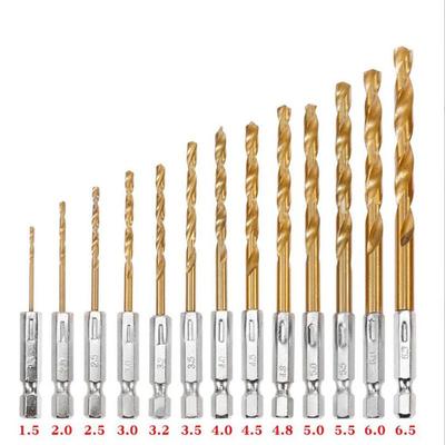 13Pcs HSS Aço de alta velocidade Titânio revestido Broca Bit Set 1/4 Hex Shank 1.5mm-6.5mm Hexagonal Handle Twist Broca