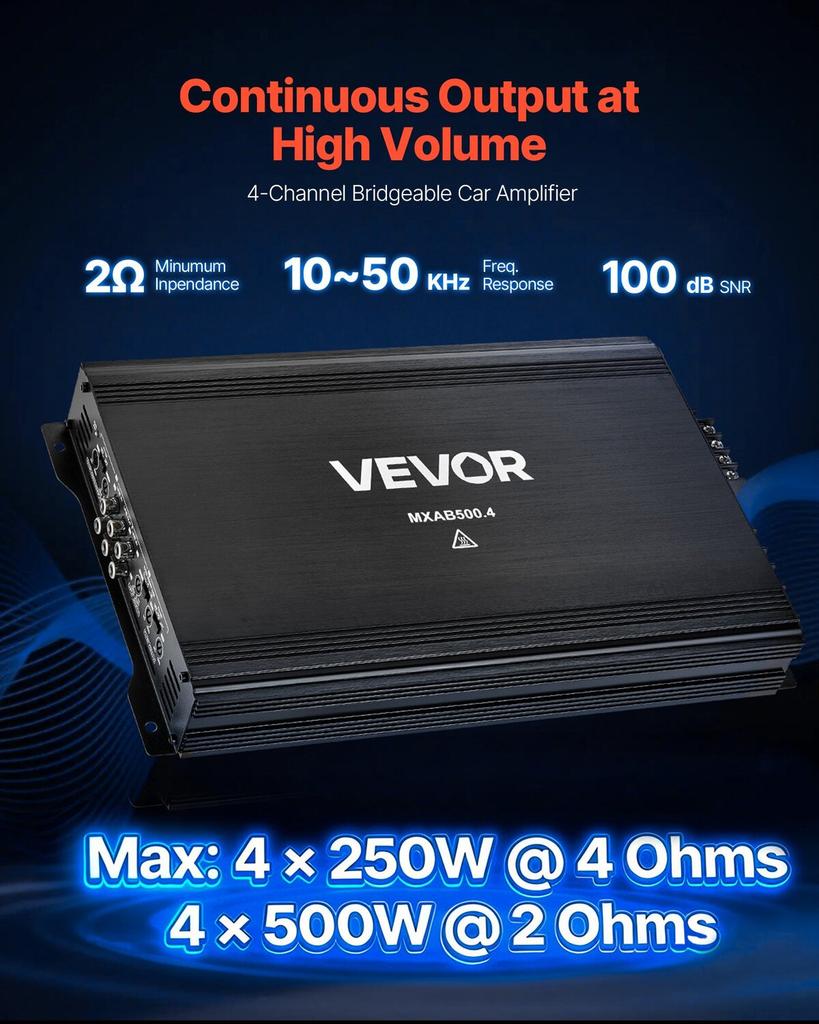 Car Audio Amplifier, 4-Channel Bridgeable Car Amplifier, Multichannel Class AB Stereo Amp, Max. 4 x 250W at 4 Ohms / 4 x 500W at 2 Ohms, High Output,