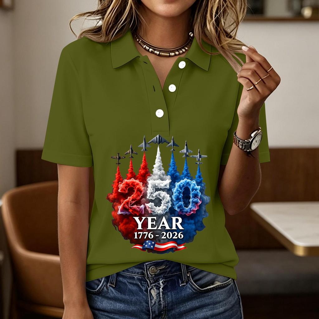Women's Casual Button Front Short Sleeve Polo Shirt 250th Anniversary Patriotic Print Independence Day T-Shirt Top for Summer