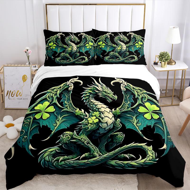 3pcs Green Clover Dragon Bedding Set 1 Soft Quilt Cover + 2 Pillowcases,  Suitable for All Seasons.J062