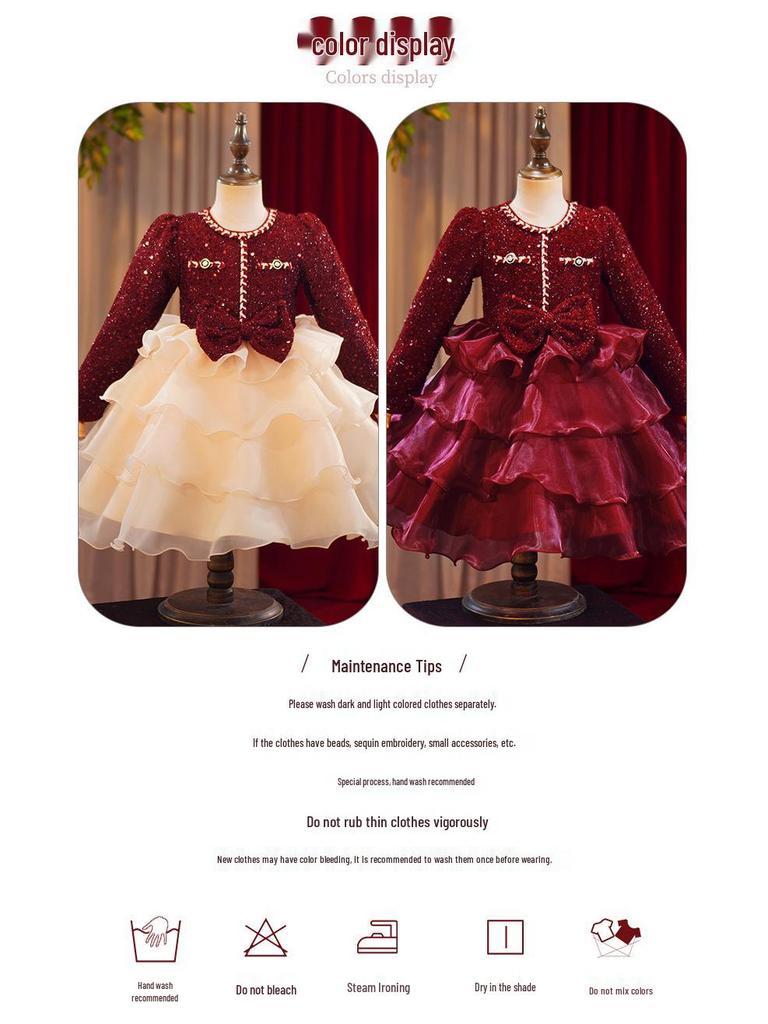 Girls' Wine Red Sequin Skirt with Bow & Tulle - Autumn/Winter Formal Christmas Dress