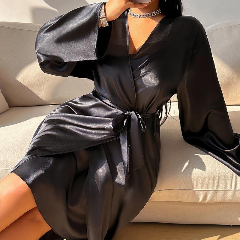 Thin and Elegant, Simple and Casual Mid-length Lace-up Bathrobe for Women, Spring and Summer Ice Silk Pajamas