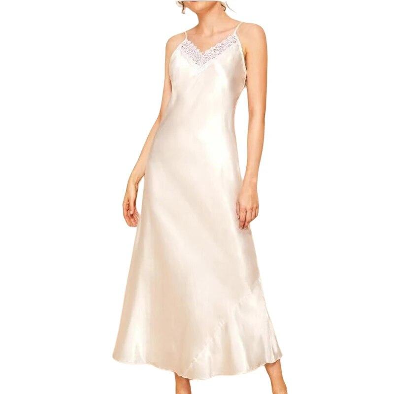 Lange Satin-Nachthemden für Damen, Seiden-Spitze-Chemise-Schlafshirt, Cami, ärmellos, voller Slip, Nachthemd, Spaghettiträger, Nachtwäsche