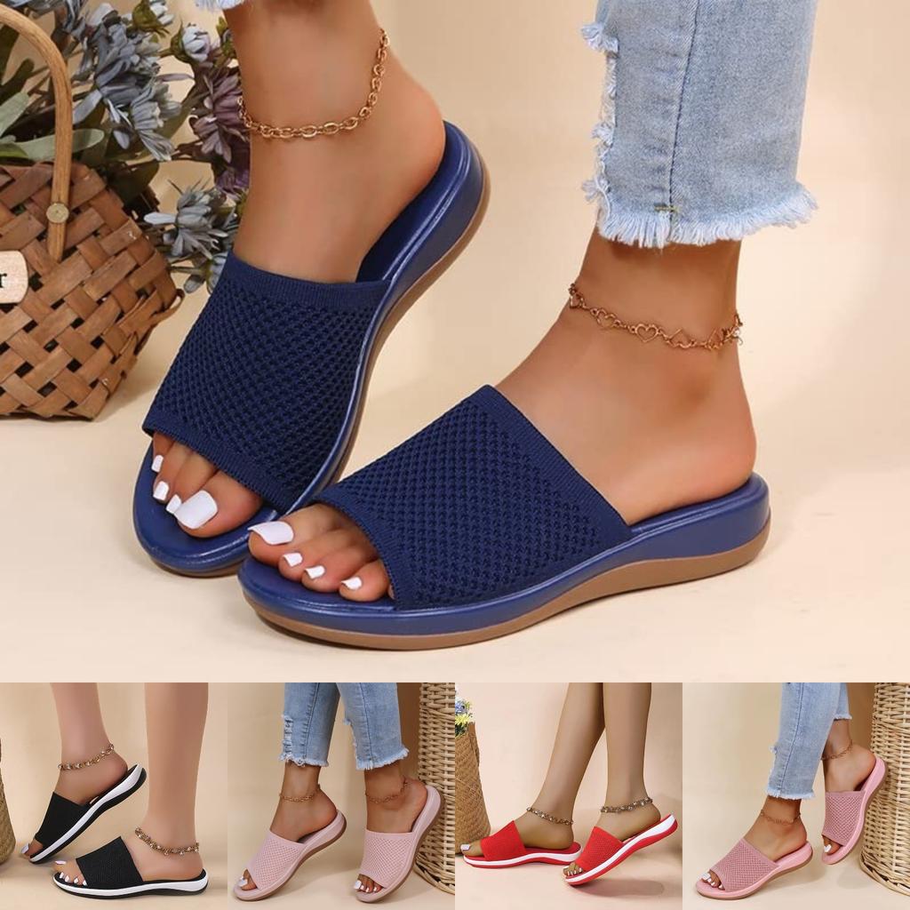 Damen Pantoletten Elastisches Band Weite Passform Lässige Sommer Sandalen Flache Bequeme Übergröße