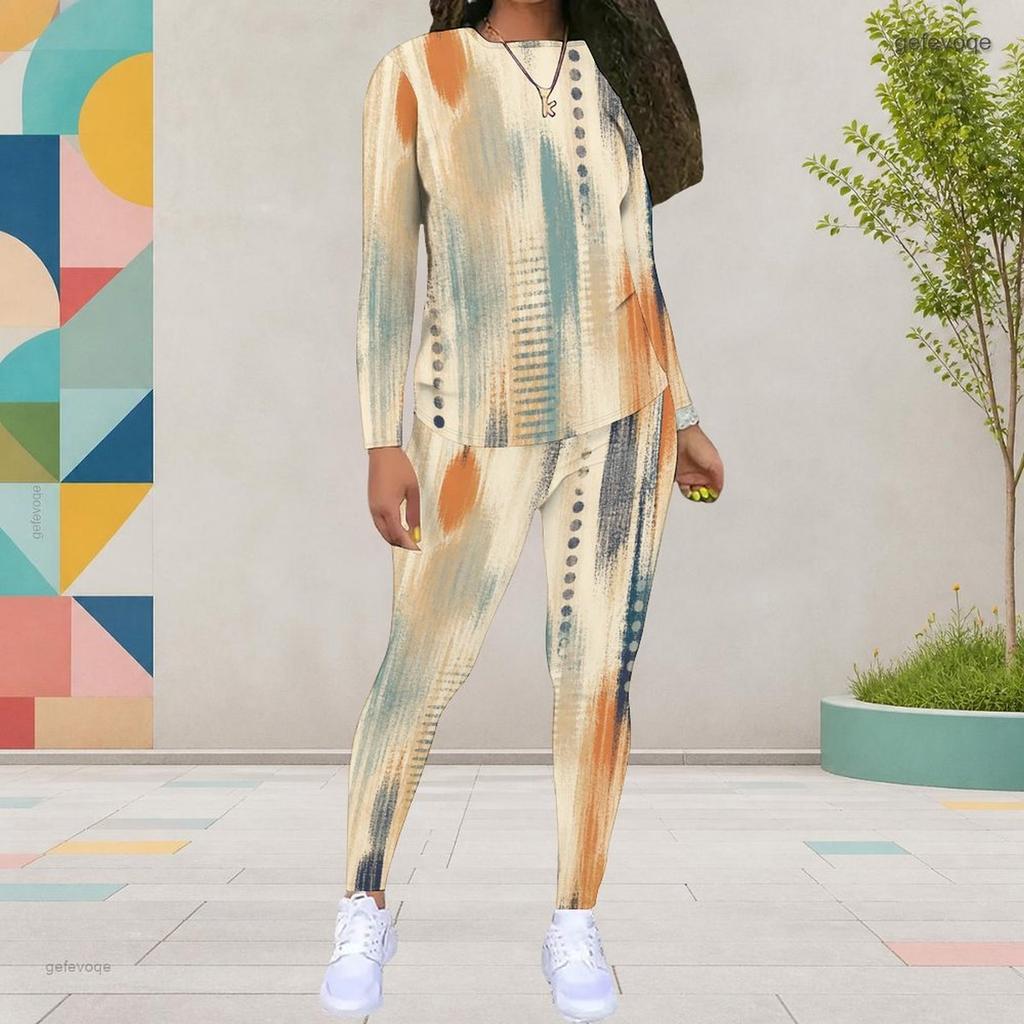Women Plus Size Round Neck Long Sleeve Printed Fitted Pants Two Piece Set