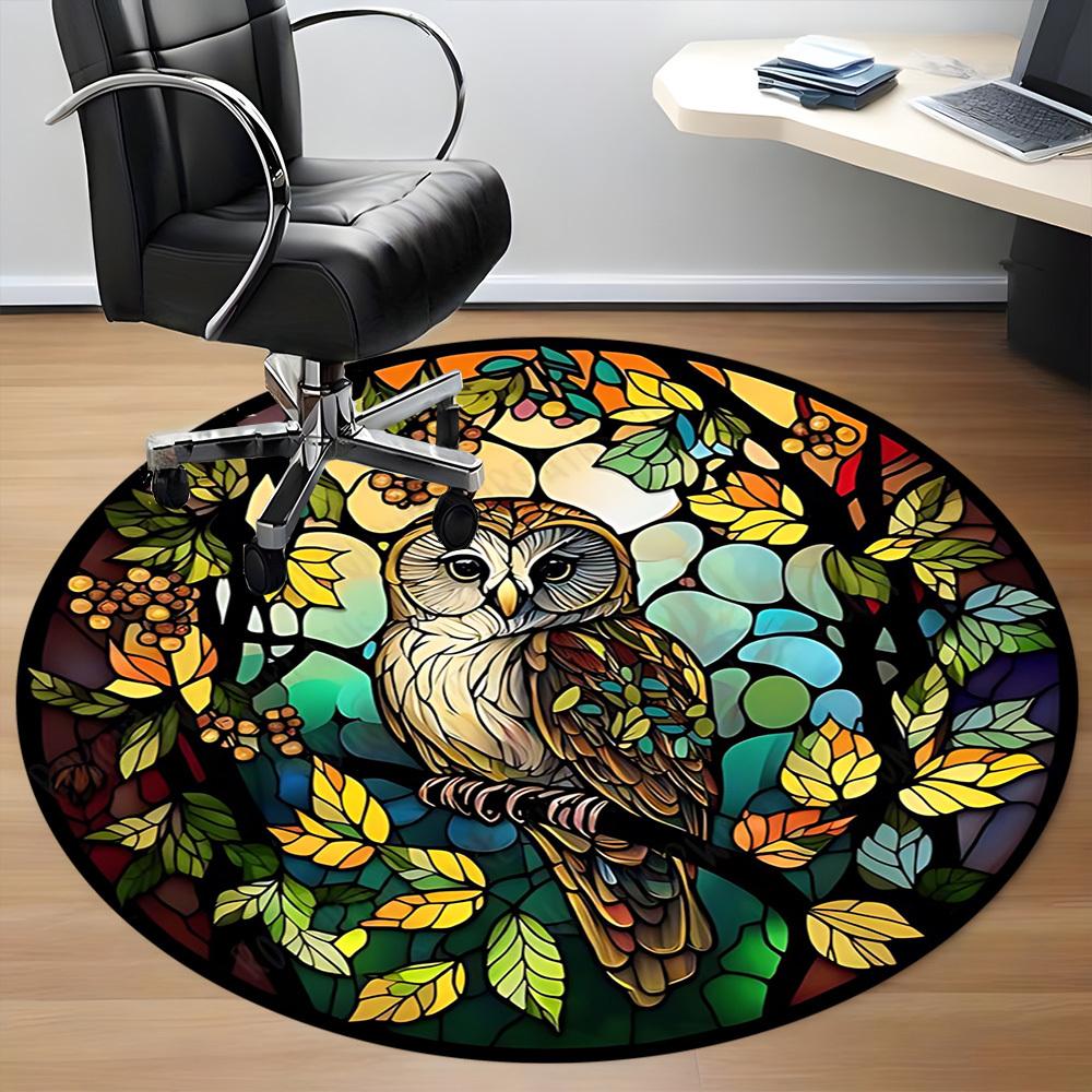 1pc Stained Glass Owl Chair Carpet for Office, Round Polyester Mat, Indoor Decor for Office, Easycare Fabric, Washable Non-slip Area Carpet