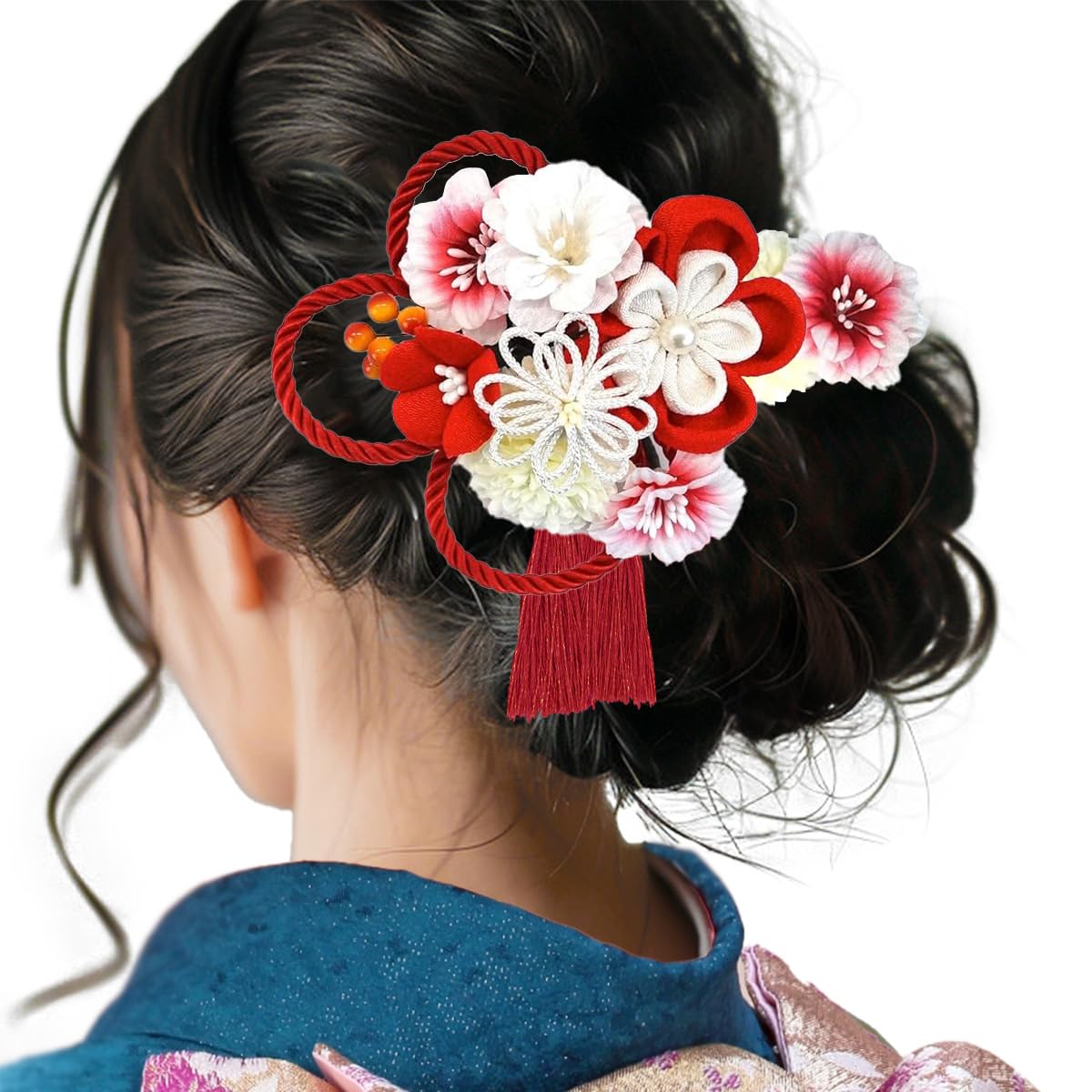 

hair accessory set for furisode and ceremonies with red crepe Two-piece (long-sleeved kimono) coming-of-age (kk-077) Tsumami-zaiku