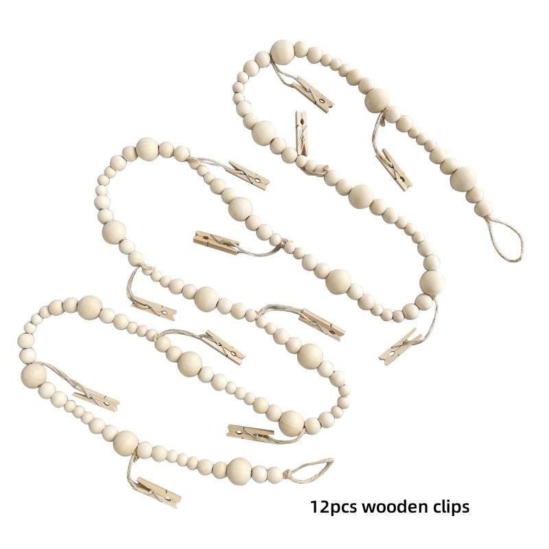 Wall Hanging Photo Display with Wooden Beads Garland Photo Storage Tassel String Wall Decor Photo Holder Rustic Family Decor