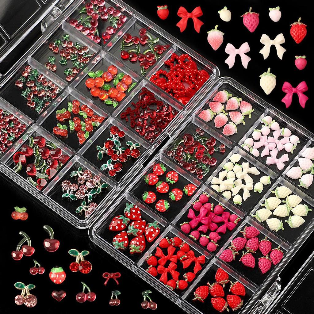 2025 3D Mini Resin Nail Art: Cream Strawberry & Translucent Cherry Fruit Cartoons